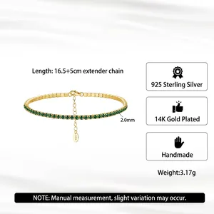 Adjustable 2mm gold plated S925 sterling silver tennis bracelet with green zircons