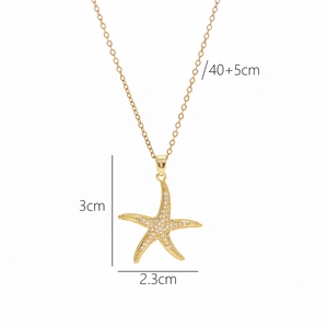 Elegant gold starfish pendant necklace with white crystals, bohemian beach style jewelry
