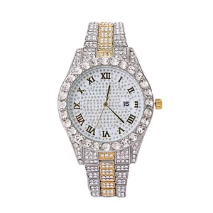 Luxury women's quartz watch with calendar, crystals and silver-gold two-tone steel band