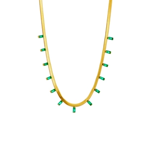 Golden snake chain necklace featuring elegant rectangular green zircon fringe pendants
