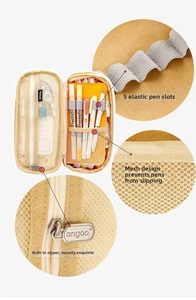 Detail of canvas pencil case showing 5 elastic slots and a zipper mesh pocket