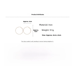Detail view of 6cm large rose gold metal hoop earrings with dimensions and weight specs