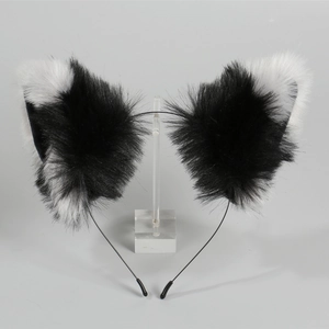 Handmade black and white plush cat ears headband for Lolita cosplay on display stand