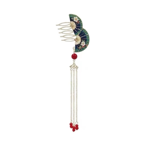 Peigne à cheveux éventail chinois rétro avec fleurs de prunier et longs glands