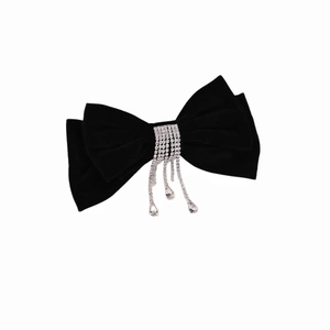 Elegant black velvet bow hair clip with silver rhinestone tassels and crystal drop pendant