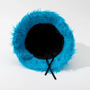 Electric blue long faux fur bucket hat with soft plush texture and windproof straps