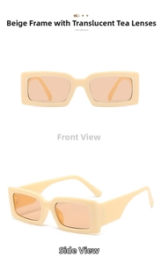 Front and side view of retro rectangular beige plastic sunglasses with tea lenses