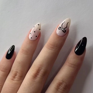 Sweet Polka Dot Bow Press On Nails White Black Almond Shape Fake Nails With Glue Inlaid Rhinestone Manicure Art For Women