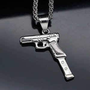 Minimalist silver stainless steel pistol pendant necklace with sleek metallic finish