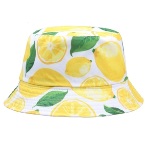 Unisex summer bucket hat with vibrant lemon print on white background for sun protection