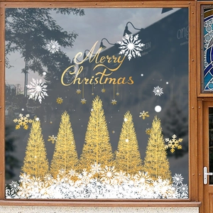 Golden Christmas tree window stickers with snowflakes and Merry Christmas lettering