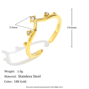 18K gold plated wave crown open ring with white zircons on minimalist white background