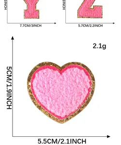 Macro view showing size measurements in CM and IN for Chenille letter and heart patches