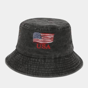 Detailed embroidery of USA text and American flag on washed cotton black bucket hat