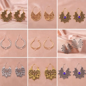 Vintage Hollow Carved Alloy Drop Earrings Bohemian Geometric Fan Earring Hook For Women Ethnic Style Antique Jewelry
