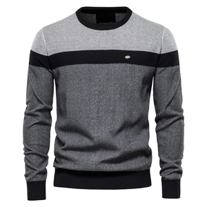 Men's grey and black striped crew neck knit sweater with premium ribbed cuffs and hem