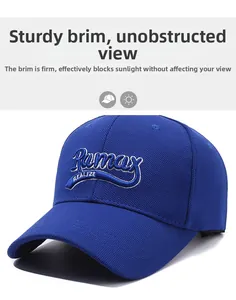Close-up of royal blue baseball cap with 3D embroidery and breathable fabric texture