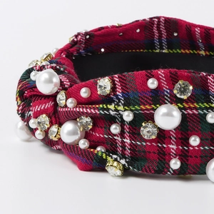 Red plaid knotted headband with white faux pearls and sparkling rhinestones for women