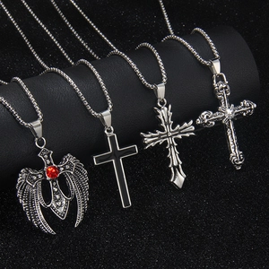Vintage hip-hop silver stainless steel cross necklaces with diamond wing pendants