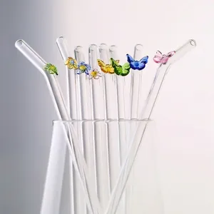 Heat-resistant clear glass straw with colorful butterfly and flower glass ornaments