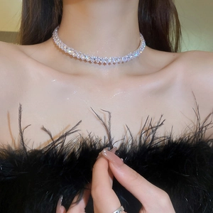 Close-up of sparkling silver choker necklace with rhinestones on a black feather outfit