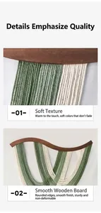 Détail macro du macramé en coton tissé main et de la poutre en bois poli du décor mural