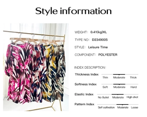 Size chart and style information for the women's abstract print polyester two-piece set