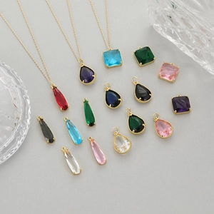 Colorful pear-shaped and square glass pendants with gold-plated copper settings and chains