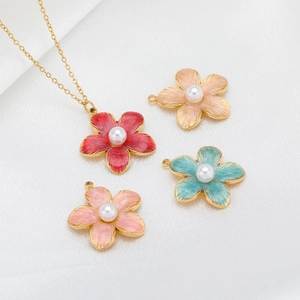 Flower Pendant Charms Stainless Steel Enamel Drip Oil Faux Artificial Pearl For DIY Necklace Jewelry Making Vintage Style