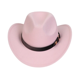 Top view of pink felt cowboy hat with black leather band and gold metal buckle detail