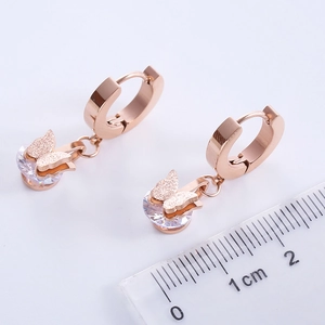 Rose gold butterfly earrings with frosted finish and sparkling zircon drop pendants