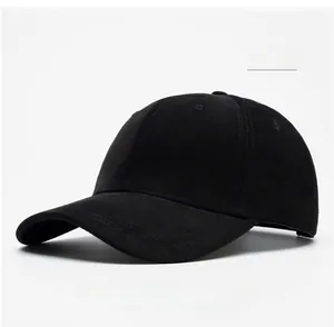 Side view detail of a classic black twill cotton baseball cap with a curved brim