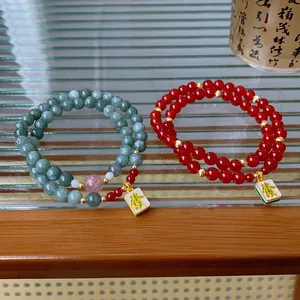 New Chinese Style Red Agate Beaded Bracelet Double Layer With Gold Alloy Mahjong Fa Pendant Luck Jewelry For Women