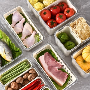 Clear PET food storage container set with cream drainage baskets for fridge organization