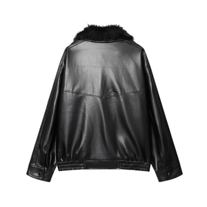Veste motard noire pour femme avec col en fausse fourrure amovible, vue arrière