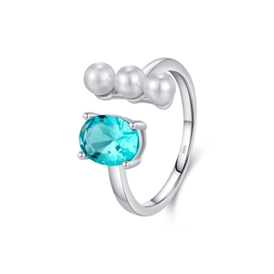 Elegant S925 sterling silver open ring with three white pearls and oval turquoise gemstone
