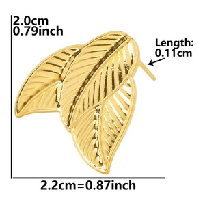 Detailed size view of gold double leaf earrings featuring realistic vein patterns and dimensions