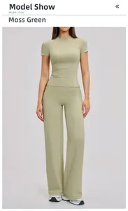 Detail of moss green high-waisted yoga set with slim fit T-shirt and wide leg pants