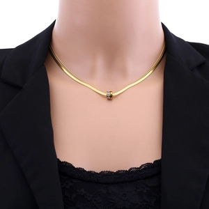 Double-layered gold titanium steel necklace featuring a textured cylinder pendant for women