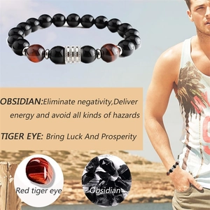 Detail of 10mm obsidian and red tiger eye beaded bracelet with silver metal spacer