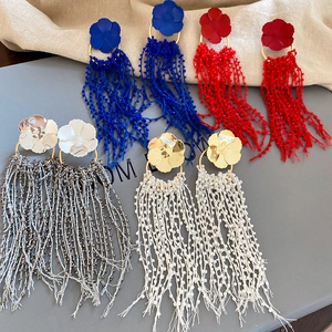 Set of four floral tassel earrings in deep blue red silver and beige colors