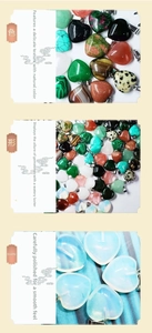 Macro detail of 15mm heart-shaped natural stone pendants in various colorful gemstones