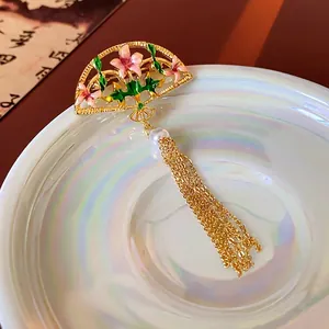 18K gold plated folding fan brooch with pink enamel flowers and pearl tassels