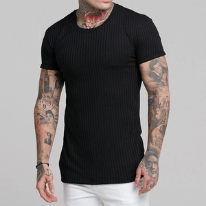 Close-up of black ribbed texture and stretch fabric on men's slim fit short sleeve t-shirt