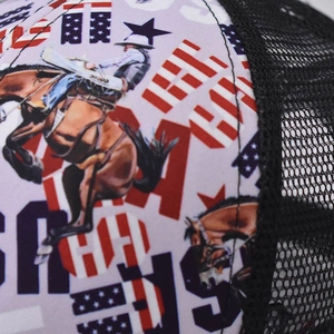 USA flag print purple ponytail trucker hat with horse rider pattern and black mesh back
