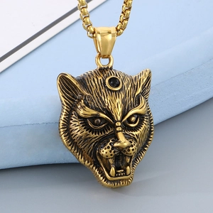 Hip hop vintage leopard head pendant in golden stainless steel with black stone eye