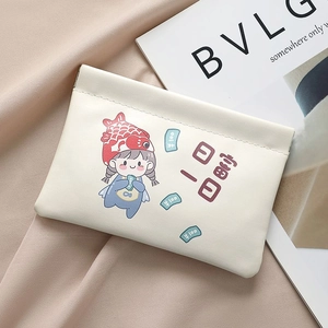 White PU leather mini cosmetic pouch with cartoon girl and automatic closing mechanism
