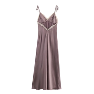 Elegant mauve grey satin midi dress with delicate lace trim and spaghetti straps
