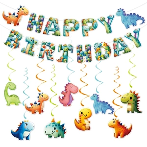Dinosaur Theme Birthday Party Decoration Happy Birthday Banner Spiral Hanging Swirls Backdrop Kids Baby Shower Paper PVC