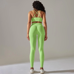 Detail of cross-strap sports bra back and high-waisted leggings in lime green ribbed knit